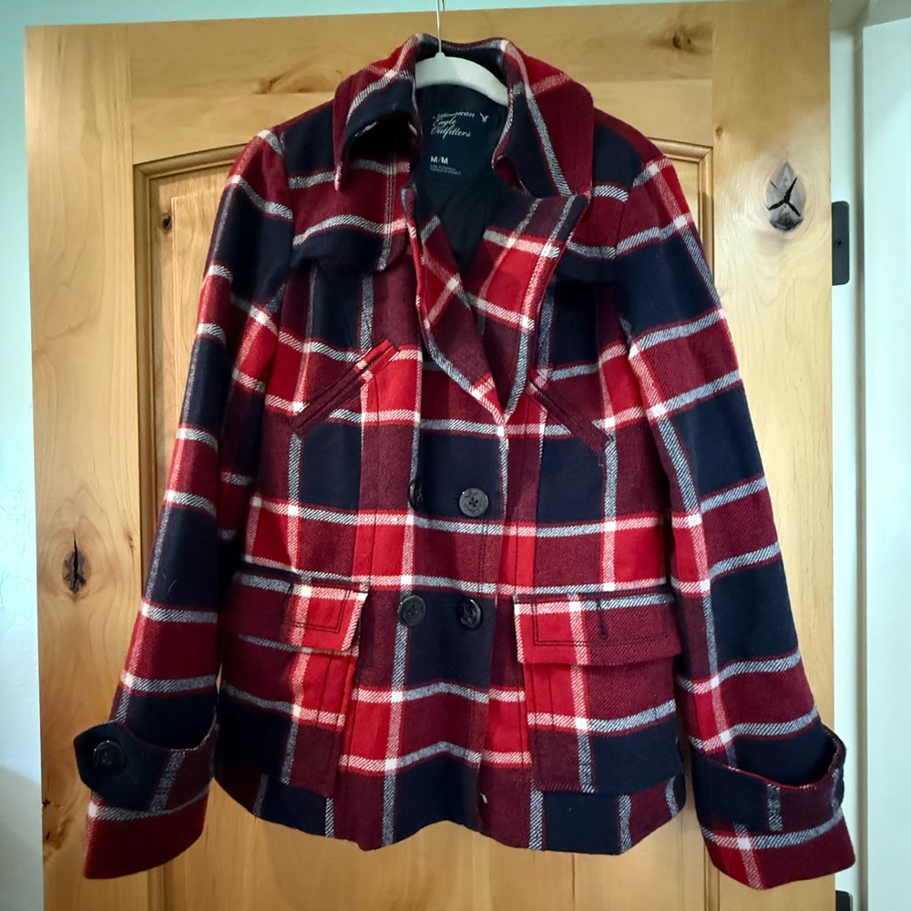American Eagle Outfitters Red and Black Plaid Pea Coat